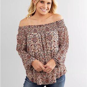 Day Trip Size Medium Mesh Off the Shoulder Top Neutral Floral Boho Prairie Fall